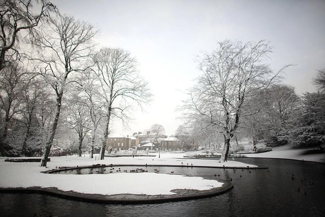 A general view of The Pavilion Gardens after snowfall on December 16, 2011 in Buxton.