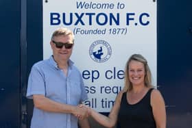 uxton FC Chairman Dave Hopkins with Trish Winterbottom from NFU Mutual.