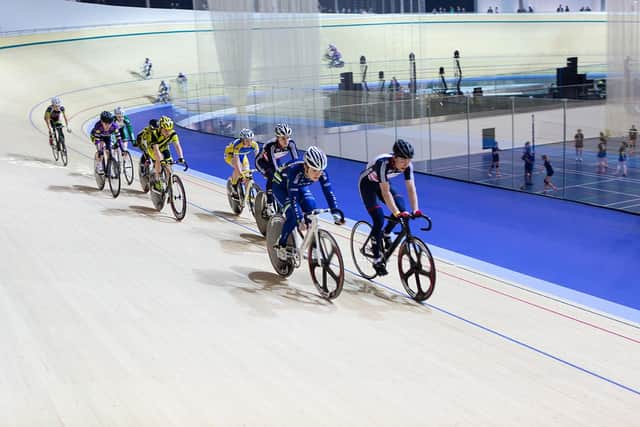 Cyclists on track at Derby Arena. Photo by Graham Lucas Commons.
