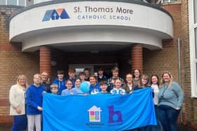 Pupils at St Thomas More with Kelly Collinge at the front, in the centre