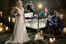 National Theatre's production of A Midsummer Night's Dream. Pictured left to right are Gwendoline Christie, David Moorst, Ryan Bawa, Oliver Chris and Hammed Animashaun. Photo by Perou.