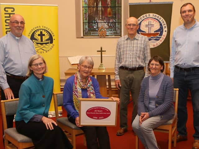 Whaley Churches Together 25th anniversary, Rev Mike Denny, Rev Frances Eccleston, Stella Whitehurst, Rick Read and Rob Cross. Photo Jason Chadwick