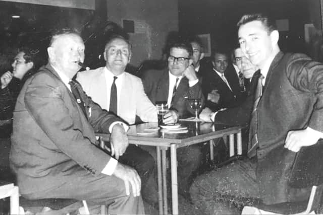 Derek, centre left, with Sam Longson, left, at the signing of Brian Clough, right, to Derby County FC