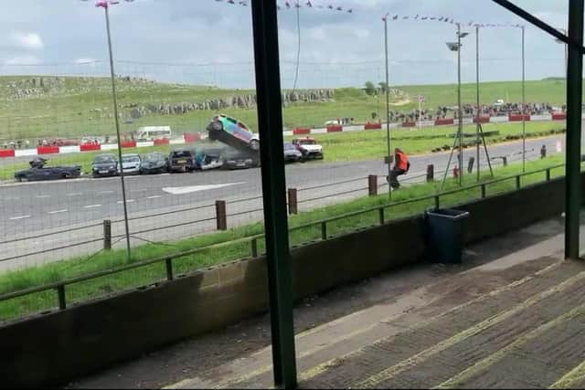 The crash that led to Callum Mchale fracturing his spine at Buxton Raceway.