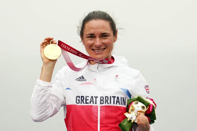 Gold medalist Sarah Storey poses on the podium after winning the Women's C5 Time Trial at the Tokyo 2020 Paralympic Games. She is now one of six sports starts shortlisted for the BBC SPOTY award.