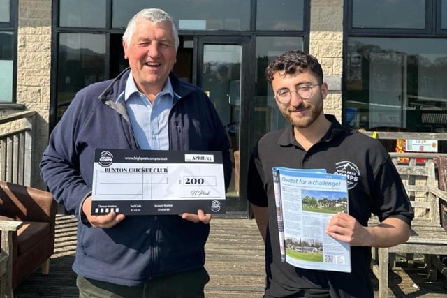 Buxton Cricket Club Chairman Bob Marsden (left) receives a £200 donation to their ambitious renovation project.
