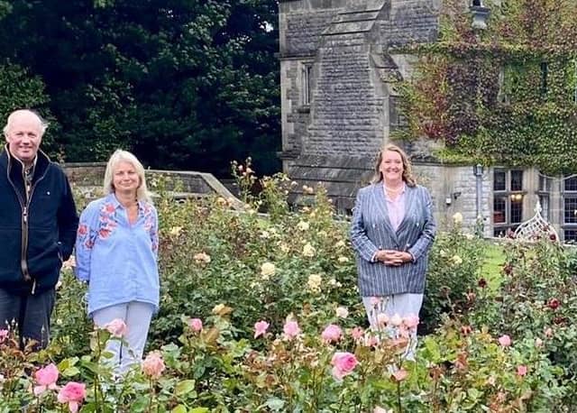 Sir Richard and Lady Fitzherbert welcome Derbyshire Dales MP Sarah Dines, right, to Tissington Hall.