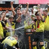 Harrogate Town celebrate promotion to the EFL. (Photo by Catherine Ivill/Getty Images)