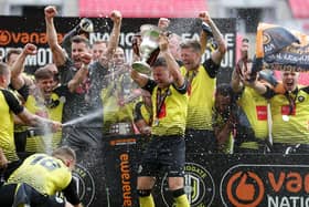 Harrogate Town celebrate promotion to the EFL. (Photo by Catherine Ivill/Getty Images)