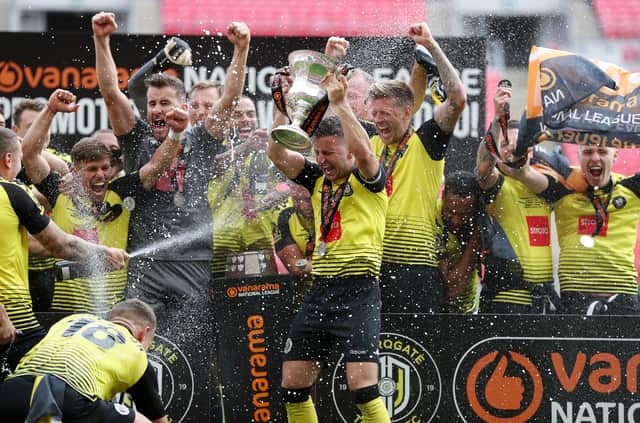 Harrogate Town celebrate promotion to the EFL. (Photo by Catherine Ivill/Getty Images)
