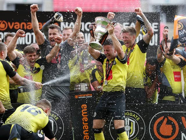 Harrogate Town celebrate promotion to the EFL. (Photo by Catherine Ivill/Getty Images)