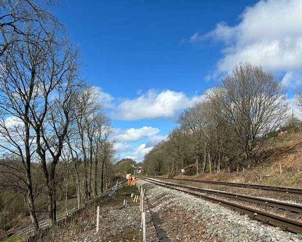 The site of the emergency work which is due to start week commencing May 27 at Hague Bar, New Mills to stop 50,000 tons of earth falling into the River Goyt. Photo Network Rail