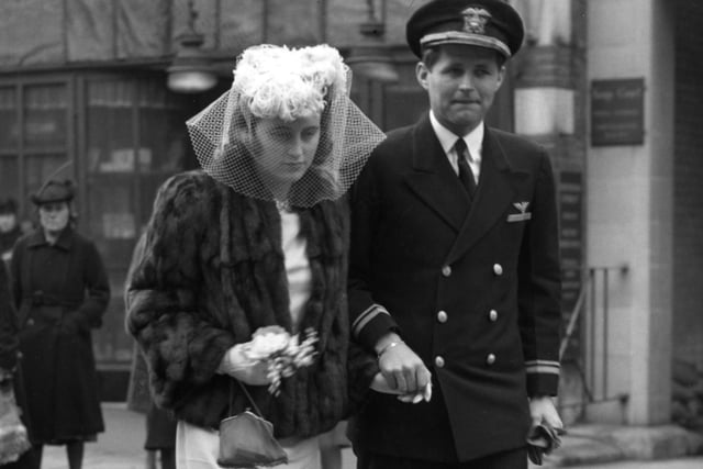 6th May 1944:  Kathleen Kennedy and her brother Lieutenant Joseph Kennedy (1915 - 1944) arrive at her wedding to the Marquess of Hartington, heir to the Dukedom of Devonshire. Both are buried at St Peter’s Church, Edensor, near the Devonshire family seat of Chatsworth House, which was visited by her brother, President Kennedy, during his Official Visit to Britain.
(Photo by Keystone/Getty Images)