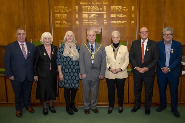 Six of the new aldermen and alderwomen were present for the meeting with current civic chairman Councillor David Wilson, centre.