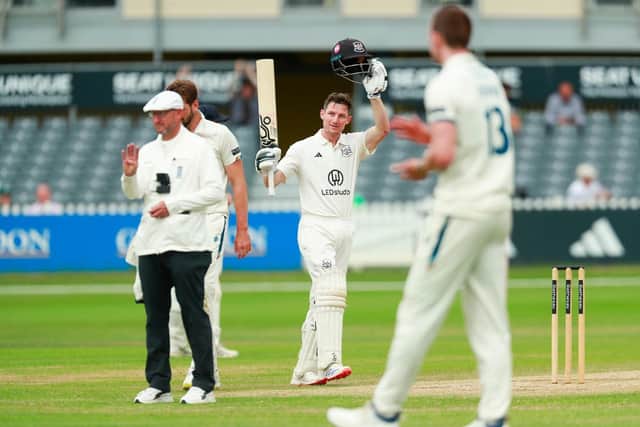 Gloucestershire captain Cameron Bancroft celebrates reaching a century on the third day of the Rothesay County Championship Division Two match with Derbyshire at the Seat Unique Stadium, Bristol. Pic: Jacob Hurry, Gloucestershire CCC.