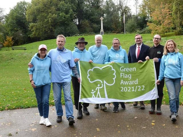 Councillor Damien Greenhalgh and Tref Jones from AES with some of the Friends of Whaley Bridge Memorial Park.