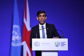 Rishi Sunak pictured delivering a speech at the COP26 UN Climate Summit in Glasgow last year. PIC: DANIEL LEAL/AFP via Getty Images