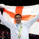 Delicious Orie of Team England celebrates during the Men's Boxing Over 92kg (Super Heavyweight) medal ceremony on day ten of the Birmingham 2022 Commonwealth Games (Photo by Eddie Keogh/Getty Images)