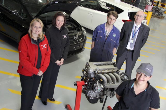 Mandy Evans and Julie Langley, Corporate planning and external affairs department at Toyota are pictures with Jordan Hill level 3 HGV apprentice, Len Tildsley Principal Buxton & Leek College and Lauren Crook Level 3 apprentice in 2013. Photo Marisa Cashill