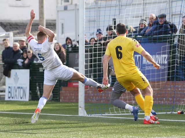 Josh Granite scores a goal that was disallowed for a foul on the keeper.