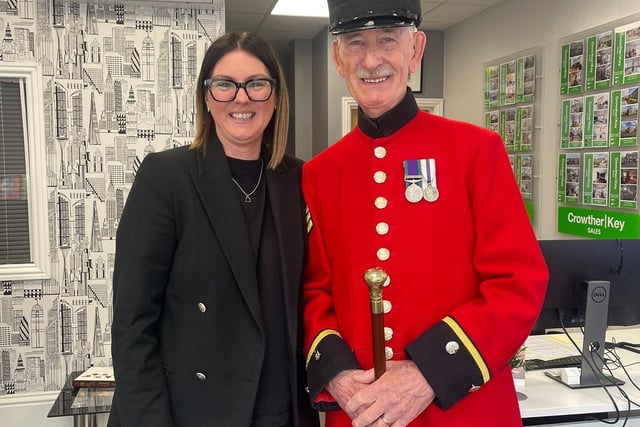 Vicky Bramwell welcomed one of her favourite old clients – a proud Chelsea Pensioner, John Wiseman, who was out doing his bit for VE Day. Photo Crowther Key