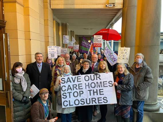 Protestors demonstrated outside County Hall in the fight against the potential closure of seven Derbyshire County Council-run care homes.