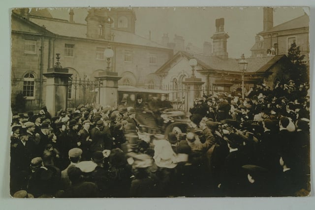 Huge crowds gather outside the Devonshire Royal Hospital. Photo DCC Buxton Museum