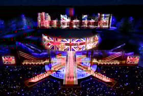 A BBC handout CGI of a representation of the staging for the forthcoming Coronation Concert which will be broadcast live from the grounds of Windsor Castle on BBC One, BBC iPlayer, BBC Radio 2 and BBC Sounds on Sunday May 7 from 8pm.