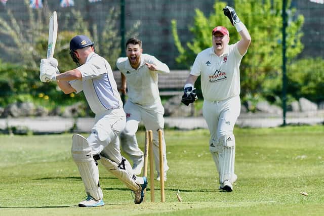 Henry Holden is bowled by Sean Critchlow. Photo by John Fryer.