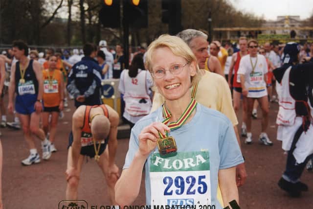 Angela Bent has completed 20 marathons all over the world, here she is running the London Marathon in 2000.