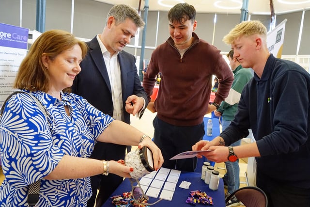 Joseph Ma and Dan Yates from Buxton Lime talking to MP Jon Pearce and East Midlands Regional Mayor Claire Ward. Photo Brian Eyre