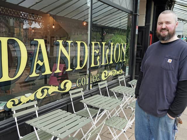Dandelion - Speciality Coffee shop on Grove Parade, Buxton has made into the good coffee guide. Roy Jones ouside the shop. Photo Brian Eyre