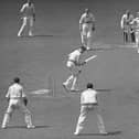 Derbyshire's Alan Revill looks down at the stumps after being clean bowled for 0 by Eddie Watts during the first innings of their County Championship match againast Surrey on 20th June 1946 at the Kennington Oval. The match was drawn.