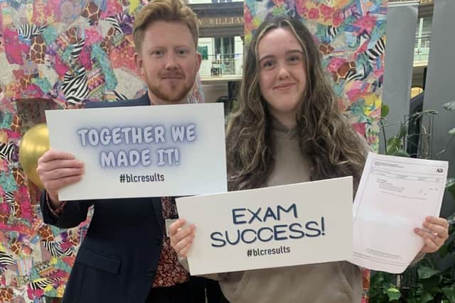 Elena Docherty is pictured receiving her GCSE with tutor Jo Lawler