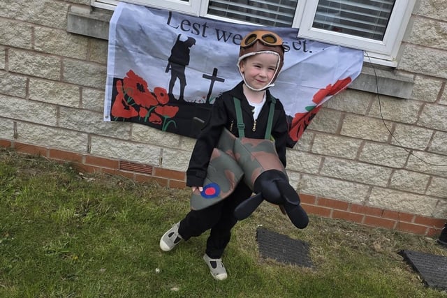 Amy Frances' son aged five is 'absolutely Lancaster Bomber mad'. She said he has been in his element today at school and although they couldn't quite make it a Lancaster Bomber he was a spitfire pilot instead. Photo Amy Frances.