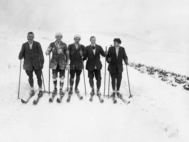 Messrs Riddick, Whitehead, Schaaming, Jeffcoate and Johnstone out skiing near Buxton in November 1912.