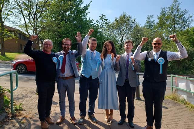 Reform UK's six South Derbyshire councillors on Derbyshire County Council celebrating in Swadlincote.
