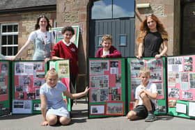 Longnor Primary School 150th anniversary, KS2 teacher Georgina Sedgwick with Zak Pixley, Holly Garlick, Ben Riley, Henry Jackson and teaching assistant Olivia Mellor who also went to the school