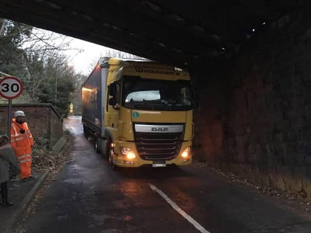 Lorry stuck under a bridge on Newbridge Road in Ambergate