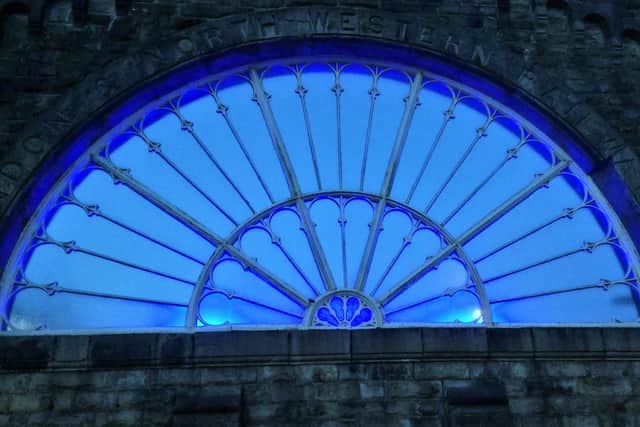Buxton Station's fanlight turns blue to celebrate the 73rd birthday of the NHS