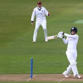 Luis Reece of Derbyshire pulls a delivery off the bowling of Tim Bresnan during day one of the Group One LV Insurance County Championship match between Warwickshire and Derbyshire at Edgbaston on Thursday.  (Photo by Michael Steele/Getty Images)