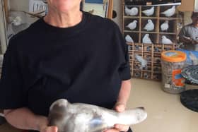 Ceramacist Vivienne Sillar with a pigeon she created during lockdown