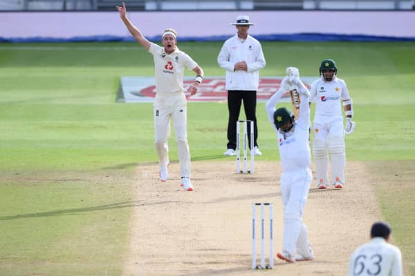 Stuart Broad bowls for England during the third test against Pakistan. (Photo by Mike Hewitt/Getty Images)