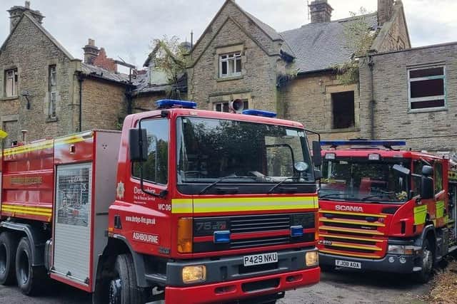 Two teenagers arrested after fire at derelict school in High Peak and emergency services remain at the scene at Linglongs Road in Whaley Bridge. Photo DFRS