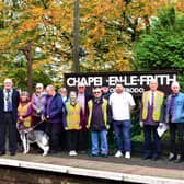 From left, Iain Barley of FOCS, Becky Styles from Northern Trains, Councillor Michael Chantler, Catherine Croney of the community rail partnership, FOCS' Sue Murdoch, Couns Kath Sizeland and Michael Barton, FOCS' Kathy Chantler and Judith Thurston, Coun Chris Sizeland, Richard Bagot of FOCS, artist Eamonn Murphy, Coun Alistair Beswick, FOCS chairman John Brook, display designer Simon Haddock and Christina Haddock.