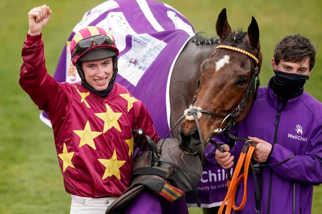 Jockey Jack Kennedy celebrates after Minella Indo's victory in last year's Cheltenham Gold Cup (PHOTO BY: Alan Crowhurst/Getty Images)