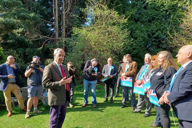 Reform UK leader Nigel Farage on his visit to the Denby Lodge pub in Amber Valley, Derbyshire.