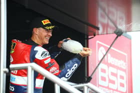 Christian Iddon celebrates his win at Oulton Park on Saturday. Photo: J Wright/Double Red.