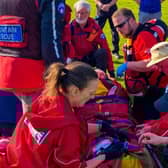 Buxton Mountain Rescue Team dealing with a walker who fell broke their jaw, perforated their ear drum and lost teeth. Pic BMRT.