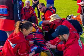 Buxton Mountain Rescue Team dealing with a walker who fell broke their jaw, perforated their ear drum and lost teeth. Pic BMRT.